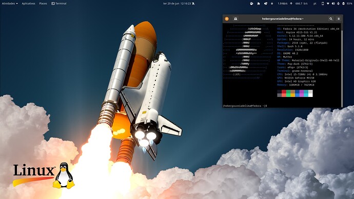 Fedora 34 com GNOME 40 terminal neofetch