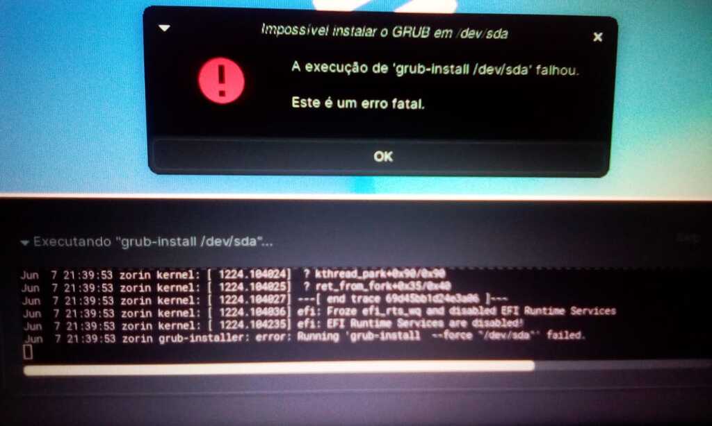 Erro na instalação do Zorin OS: 