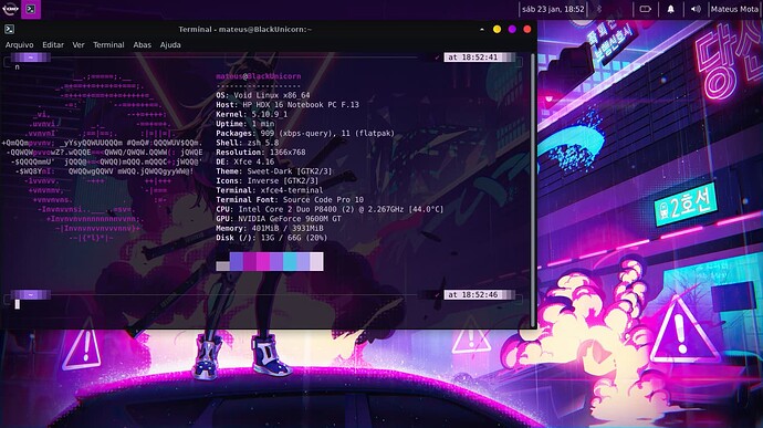 Void Linux com XFCE e terminal com neofetch