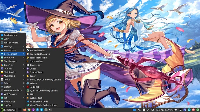 Gecko Linux com XFCE Menu de Apps