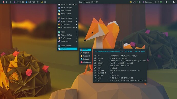 Menu com as Informações do Sistema