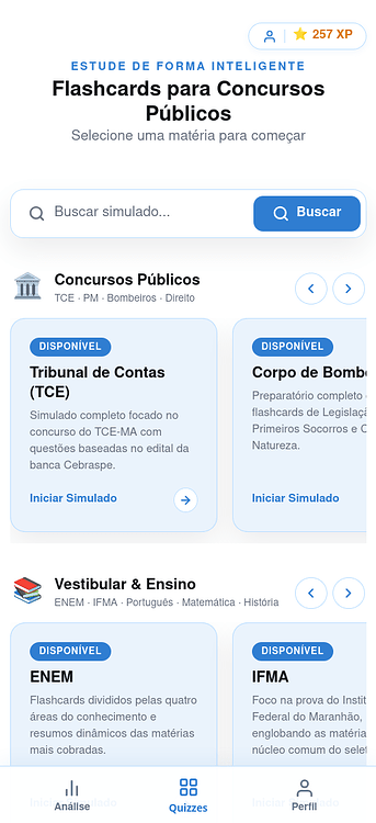 Tela principal, mostra os quizzes para fazer