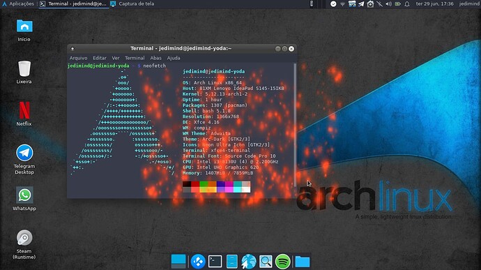 Arch Linux com XFCE e o terminal com neofetch