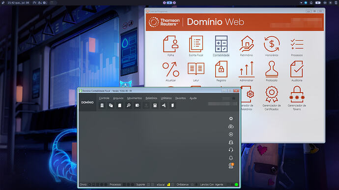Domínio Web e a aplicação Domínio Contabilidade rodando no Hyprland com Noctalia Shell