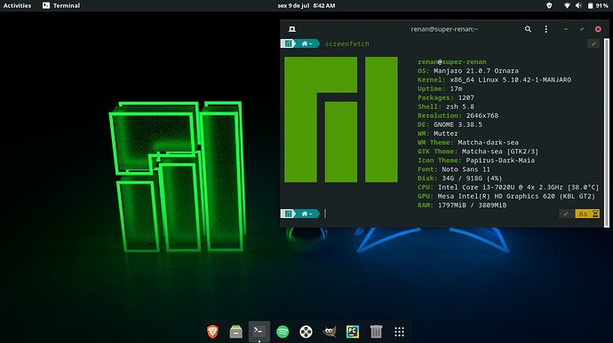 Manjaro Linux com GNOME Terminal com neofetch