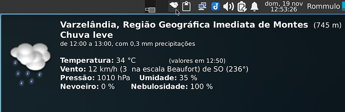 Weather - widget XFCE - como alterar pra Varzelandia (10) - sombra do mouse já mostra um resumo