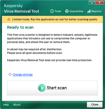 Programa da Kaspersky rodando no Artix Xfce