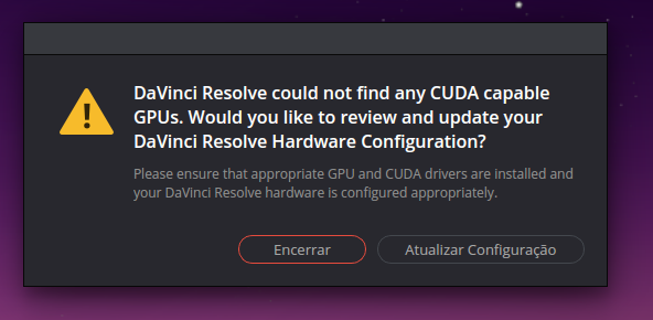 Erro ao iniciar o Davinci Resolve