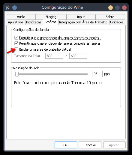 Ativando desktop virtual no Winecfg