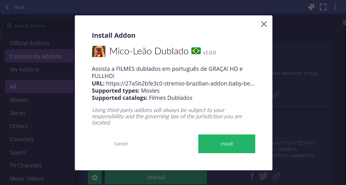 Conteúdo dublado para a plataforma de streaming gratuito Stremio